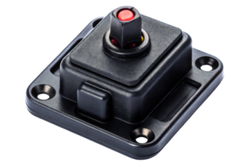 Industrial rotary switch with an integrated red push button isolated with transparent background