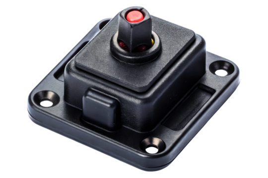Industrial rotary switch with an integrated red push button isolated with transparent background