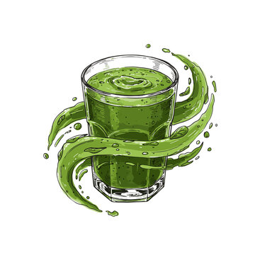 Green smoothie in glass with swirling liquid design  