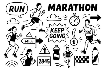 Running and marathon training icons with sporty doodle style, Transparent Background