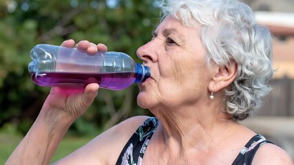 Woman drinking purple beverage outdoors
