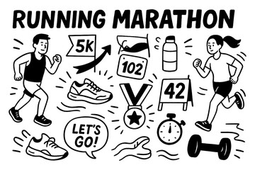 Running and marathon training icons with sporty doodle style, Transparent Background