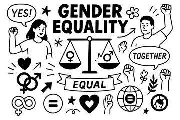 Gender equality concept with feminist icons, hand-drawn symbols, and inclusive empowerment doodles, Transparent Background
