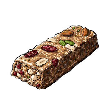 Nut and dried fruit energy bar on a white background  