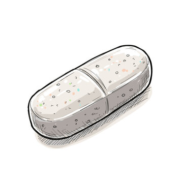 Capsule pill with speckles in a hand-drawn style illustration  