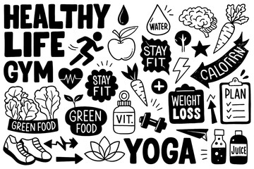 Healthy lifestyle sketch with fitness, food, sleep, and wellness icons, Transparent Background
