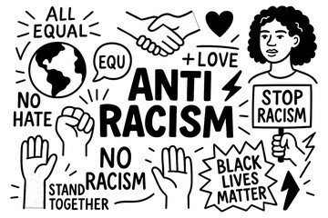 Anti-racism and equality protest icons in bold hand-drawn style, Transparent Background