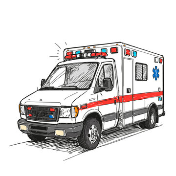Ambulance vehicle with flashing lights and emergency symbols  