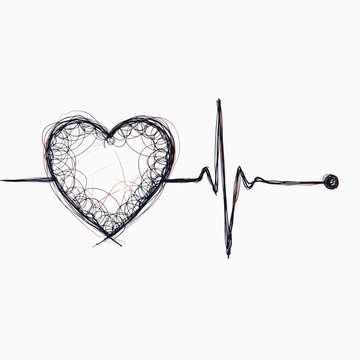 Heartbeat line with hand-drawn heart symbolizing love and life  