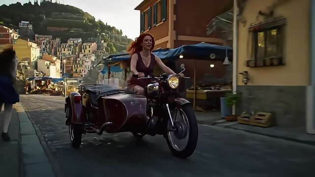Woman rides motorcycle with sidecar along coastline road near town