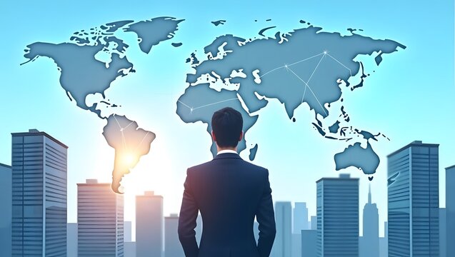 Global business team with world map and silhouettes representing international collaboration