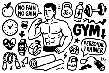 Workout and fitness equipment in energetic hand-drawn style, Transparent Background