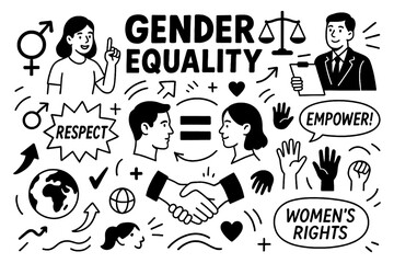 Gender equality concept with feminist icons, hand-drawn symbols, and inclusive empowerment doodles, Transparent Background