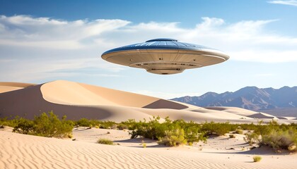 Futuristic saucer over a desert landscape