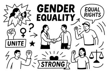 Gender equality concept with feminist icons, hand-drawn symbols, and inclusive empowerment doodles, Transparent Background