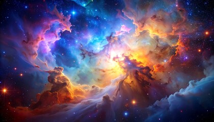 Cosmic nebula, vibrant colors, swirling clouds of gas and dust, scattered stars