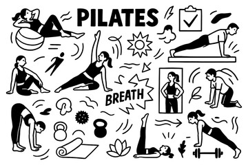 Women doing pilates workout poses with fitness elements, Transparent Background
