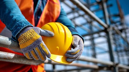 A construction worker holds a yellow safety helmet, essential for workplace safety. He is dressed in a reflective vest and gloves, working with scaffolding in the background