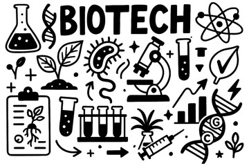 Biology and biotech science icons with lab equipment and DNA sketch, Transparent Background