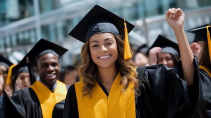 A group of happy graduates celebrating graduation day with fist up. They have gown with yellow strap. - Powered by Adobe
