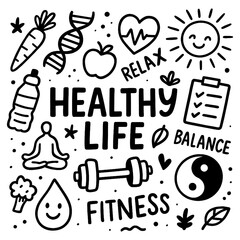 Healthy lifestyle icon set in hand-drawn sketch style with fitness, balance, and wellness elements, Transparent Background