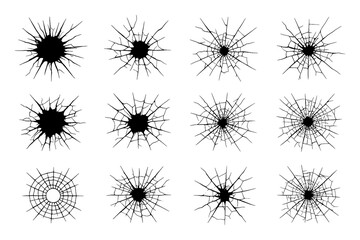 Realistic bullet hole and cracked glass icon set in black and white, Transparent Background