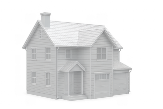 White detached house with garage and transparent background, 3d rendering