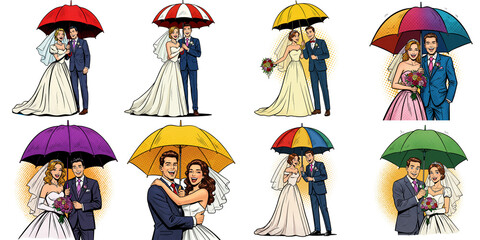 Set. Newlyweds hold colorful umbrellas in different romantic poses.