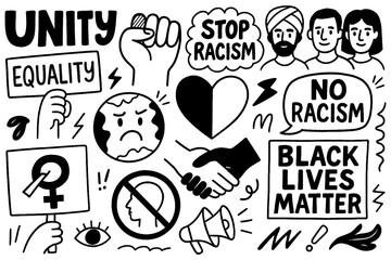 Anti-racism and equality protest icons in bold hand-drawn style, Transparent Background