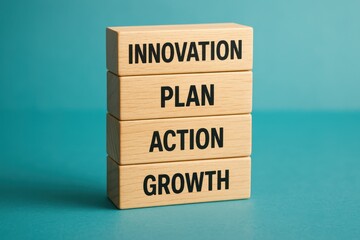Building Success Stacked Blocks of Innovation Planning Action and Growth on Turquoise Surface Background