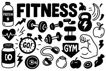 Fitness and gym doodle icons in bold comic style, Transparent Background
