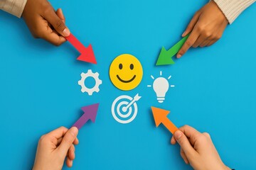 Teamwork and Customer Satisfaction Arrows Pointing to a Happy Face Icon on a Vibrant Blue Background