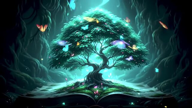 Glowing Tree of Life with Butterflies in a Magical Forest Landscape Fantasy Ethereal Illustration