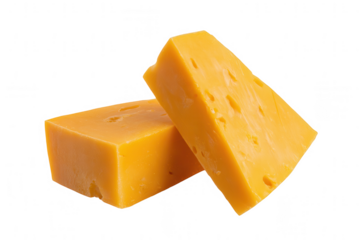 Two pieces of cheddar cheese isolated on a white background, png, transparent