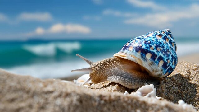 A close-up of a snail with a beautiful patterned shell on the sandy shore, with the vast ocean in the background. The snail exudes a serene and tranquil vibe.