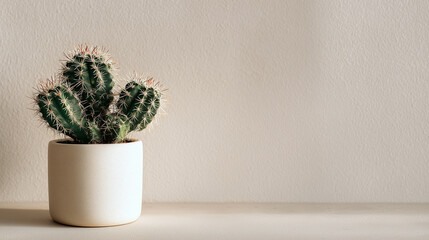 Stylish green cactus in a simple white pot on a neutral background in a modern interior.
