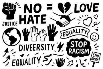 Anti-racism and equality protest icons in bold hand-drawn style, Transparent Background