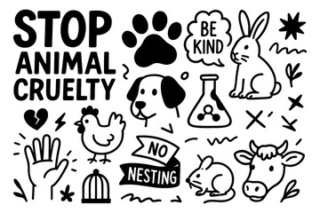 Animal rights and anti-cruelty symbols in bold hand-drawn style, Transparent Background