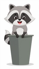 A whimsical cartoon raccoon looks cheerfully over the top of a gray garbage can illustration