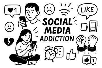 Social media addiction and screen time icons in hand-drawn cartoon style, Transparent Background