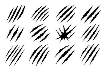 Claw scratch marks in aggressive black silhouette style, Transparent Background