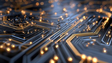 Abstract digital circuit board with glowing nodes and metallic tracks on blue background, symbolizing AI, technology, networks, and data flow connections.