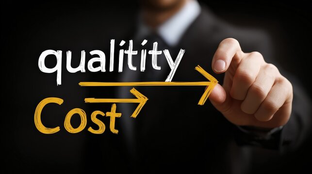 Businessman Writing Quality and Cost with Arrows on Transparent Board