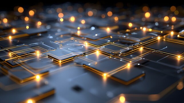 Abstract digital circuit board with metallic tracks and glowing nodes on dark blue background, representing AI, technology, data flow, and network connectivity.