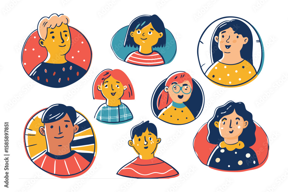 Poster diverse faces in circle frames: a vibrant collection of diverse portraits, each captured within uniq