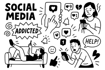 Social media addiction and screen time icons in hand-drawn cartoon style, Transparent Background