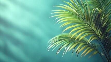 Fototapeta premium Lush palm fronds against a teal backdrop. Soft sunlight highlights the vibrant greenery