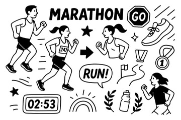 Obraz premium Marathon running icon set in hand-drawn sketch style with athletes, numbers, and race elements, Transparent Background