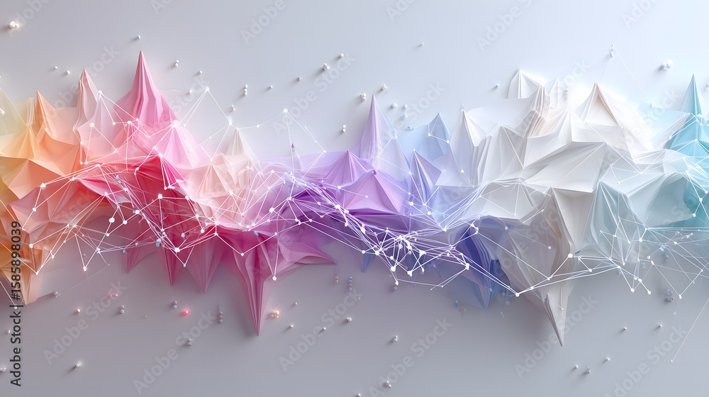 Poster abstract neural network made of folded origami paper shapes connected by light trails on a clean whi