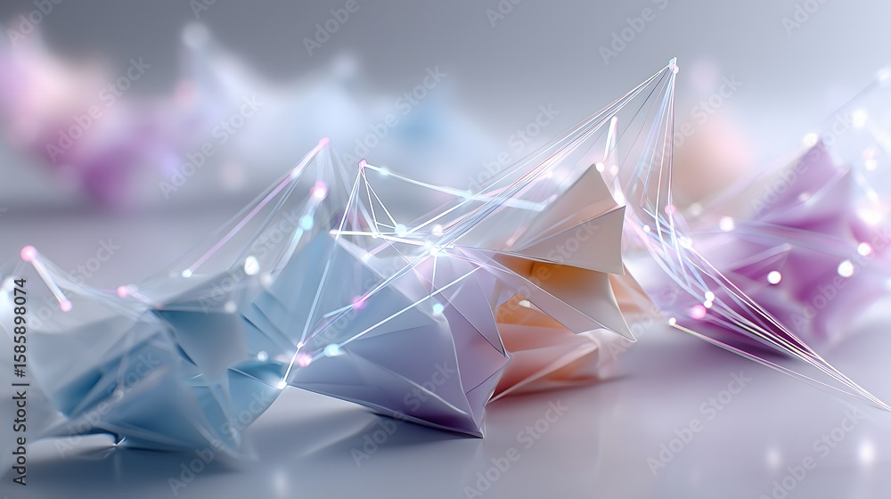 Poster minimalistic abstract network of folded origami paper nodes connected by soft pastel light trails on